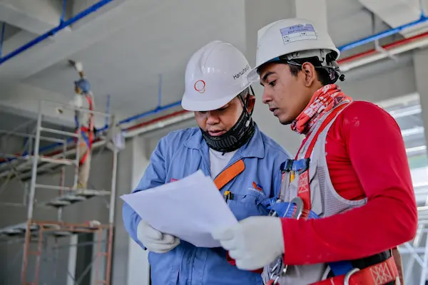 dos personas con implementos de seguridad en construccion